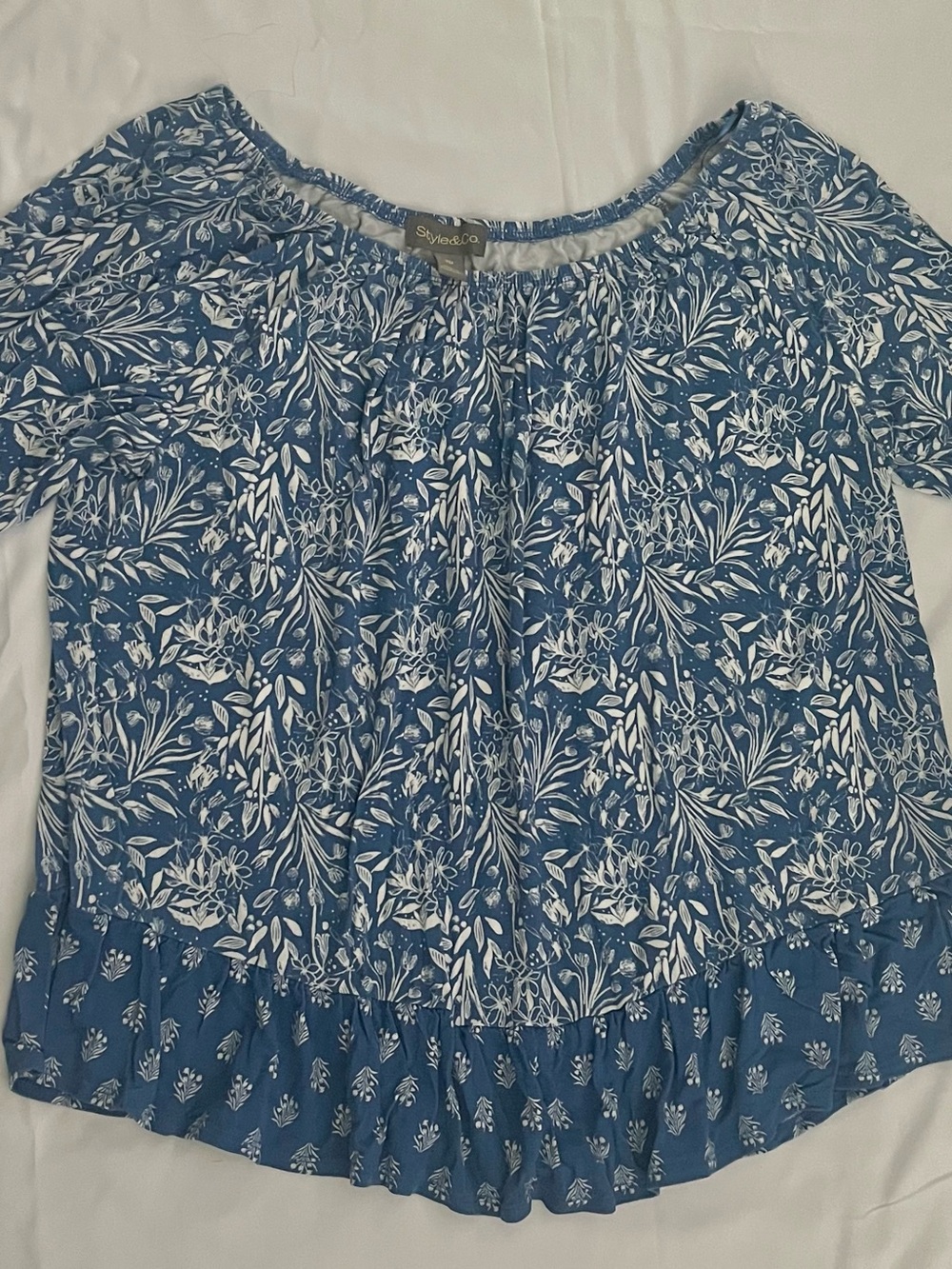Style & Co. Blue Floral Peasant Blouse with Ruffle Hem